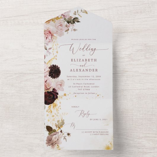 Burgundy herfst florale elegant all in one uitnodiging (Binnen)