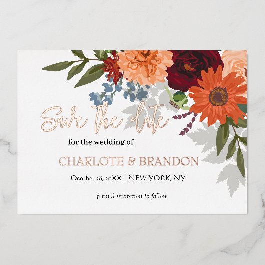 Burgundy Herfst Garden Floral Weddenschap redt dat Folie Uitnodiging (Voorkant)