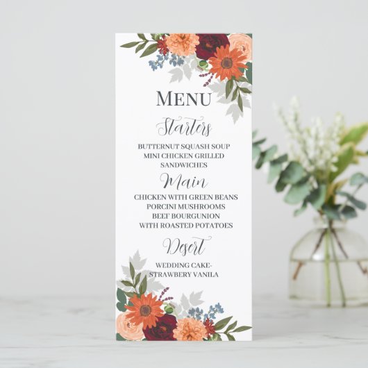 Burgundy Herfst Garden Floral Wedding Menu (Staand voorkant)