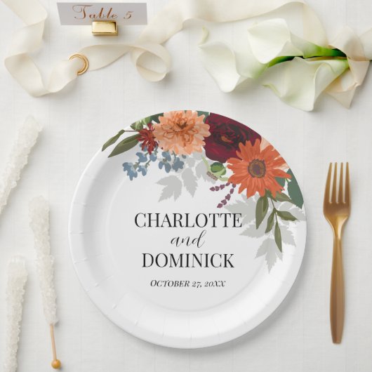 Burgundy Herfst Garden Floral Wedding Papieren Bordje (Huwelijk)