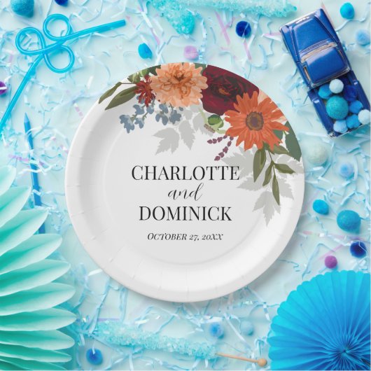 Burgundy Herfst Garden Floral Wedding Papieren Bordje (Feest)