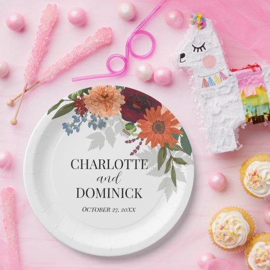 Burgundy Herfst Garden Floral Wedding Papieren Bordje (Feest)