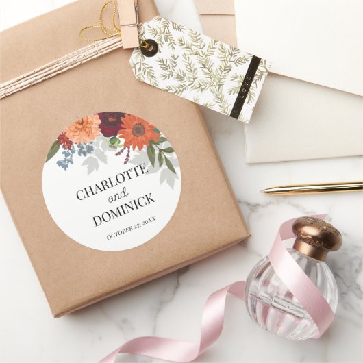 Burgundy Herfst Garden Floral Wedding Ronde Sticker (Geschenken)