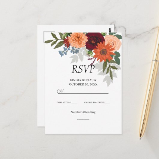 Burgundy Herfst Garden Floral Wedding RSVP Kaart (Voorkant / Achterkant in situ)