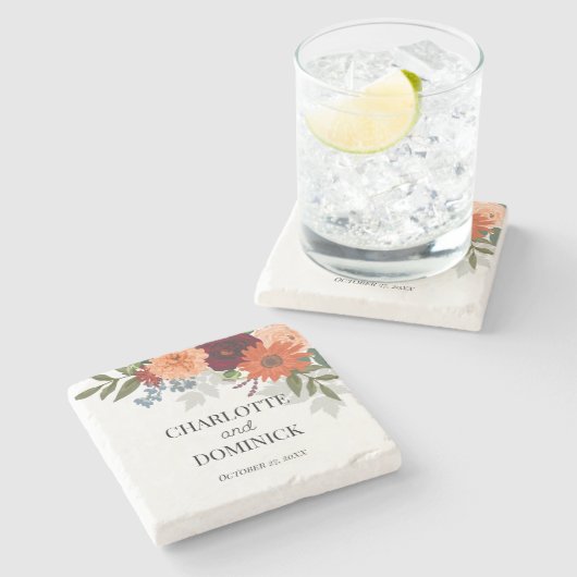 Burgundy Herfst Garden Floral Wedding Stenen Onderzetter (Zijkant)