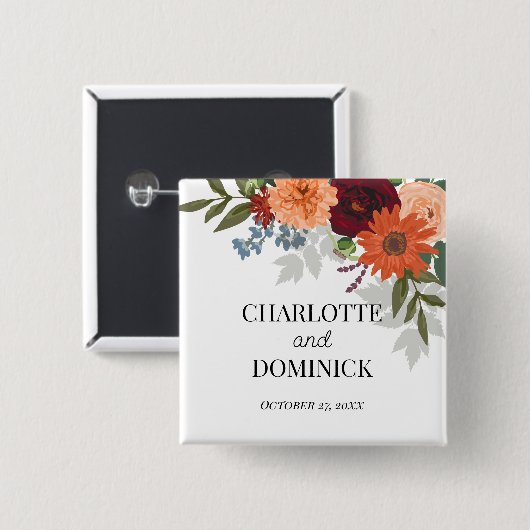 Burgundy Herfst Garden Floral Wedding Vierkante Button 5,1 Cm (Voorkant /achterkant)