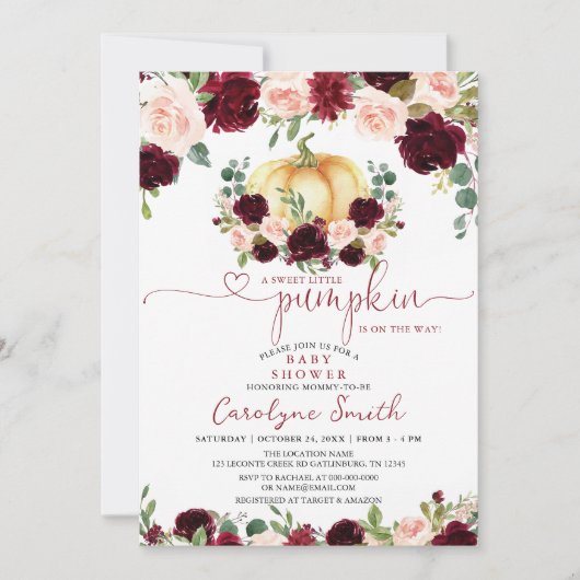 Burgundy Herfst Pumpkin Baby shower Uitnodiging (Voorkant)
