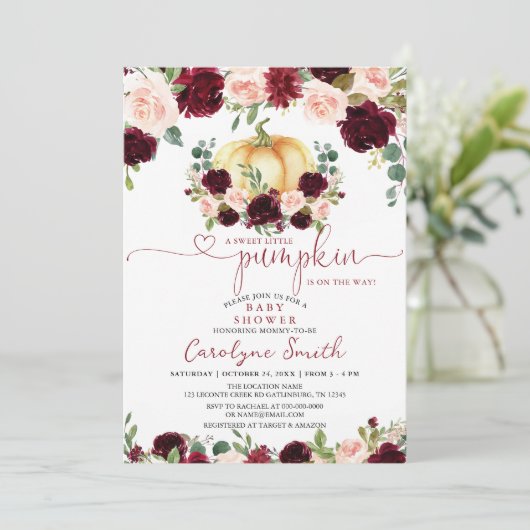 Burgundy Herfst Pumpkin Baby shower Uitnodiging (Staand voorkant)