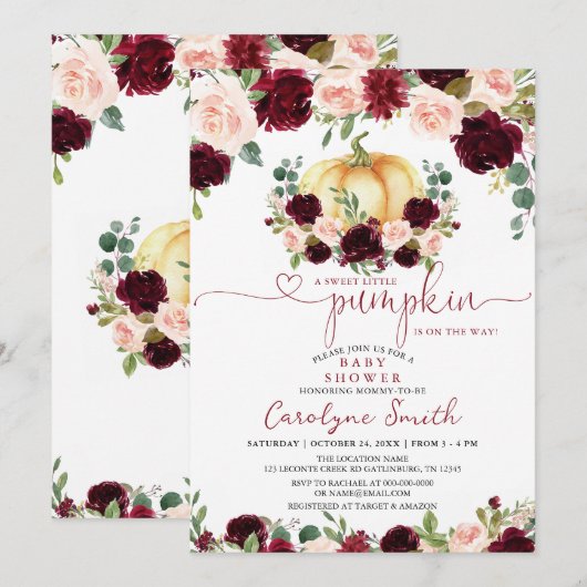 Burgundy Herfst Pumpkin Baby shower Uitnodiging (Voorkant / Achterkant)