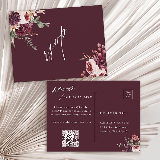 Burgundy Herfst Romantische Trouw QR Code RSVP Briefkaart