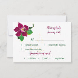 burgundy hibiscusbloemen groene bladeren reactie RSVP kaartje