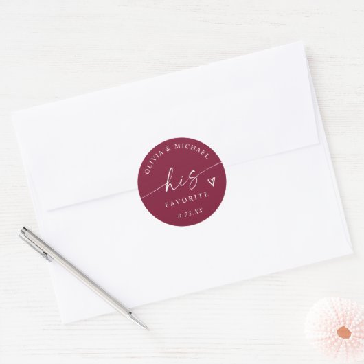 Burgundy His Favorite Modern Wedding Treat Bag Ronde Sticker (Envelop)
