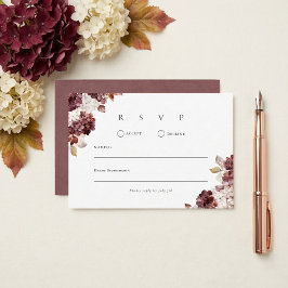 Burgundy Hortensia Bruiloft Bloemen RSVP Kaartje