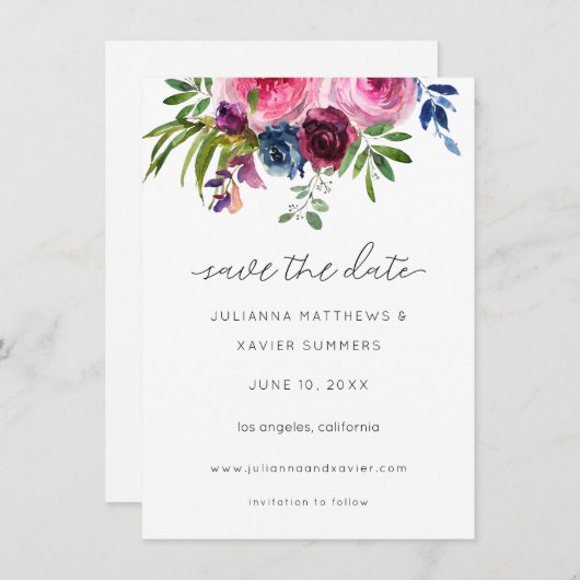Burgundy Hot Pink & Navy Blue Save the Date (Voorkant / Achterkant)