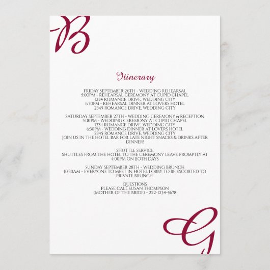 Burgundy Initialen Fall Weddenschap Welkomstreisro Programmakaart (Achterkant)