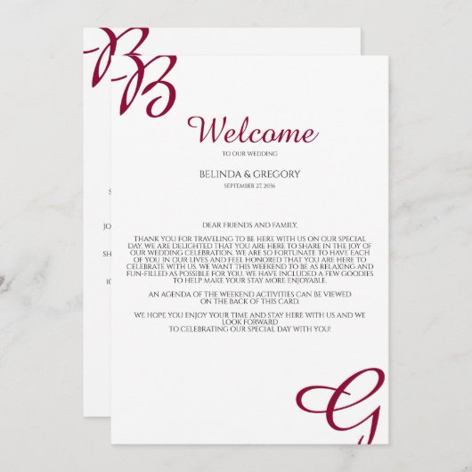 Burgundy Initialen Fall Weddenschap Welkomstreisro Programmakaart (Voorkant / Achterkant)