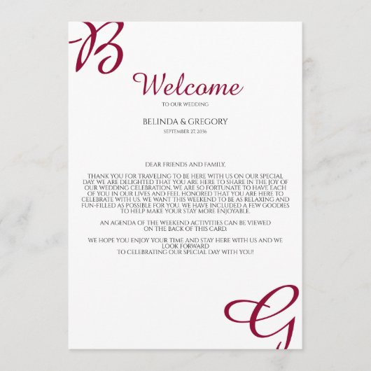 Burgundy Initialen Fall Weddenschap Welkomstreisro Programmakaart (Voorkant)
