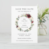 Burgundy Ivoor Bloem Bruiloft Save the Date Kaart (Staand voorkant)