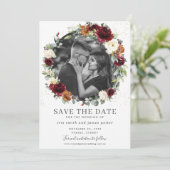 Burgundy Ivoor Bloem Foto Save the Date Kaart (Staand voorkant)
