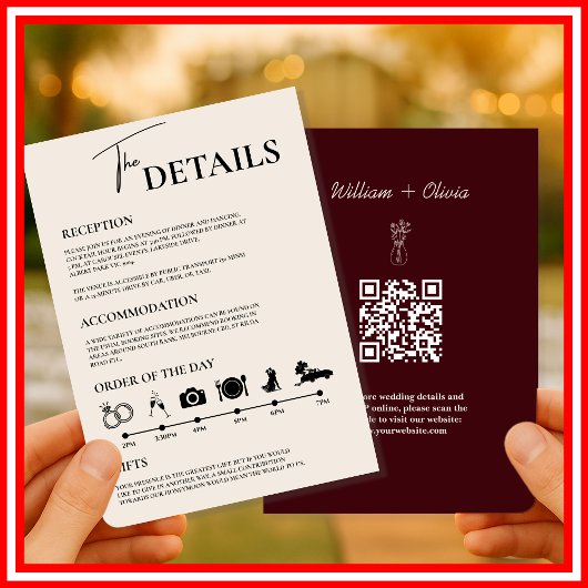 Burgundy & Ivoor Formeel Huwelijksprogramma QR Kaart