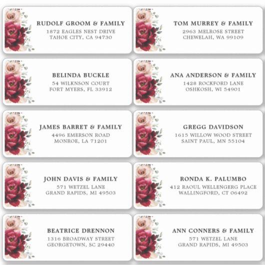 Burgundy Ivory Blush Floral Wedding Guest Adres Sticker (Voorkant)