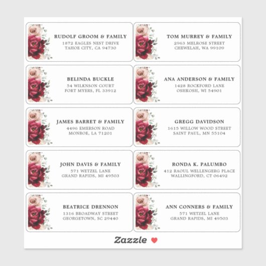 Burgundy Ivory Blush Floral Wedding Guest Adres Sticker (Vel)