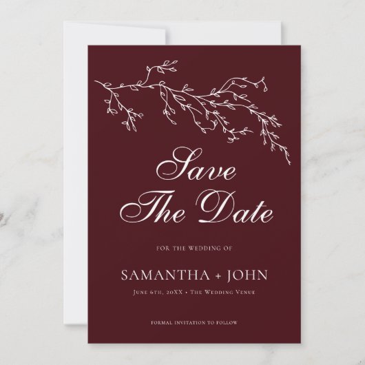 Burgundy & Ivory Botanical Elegant Photo Save The Date (Voorkant)