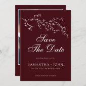 Burgundy & Ivory Botanical Elegant Photo Save The Date (Voorkant / Achterkant)