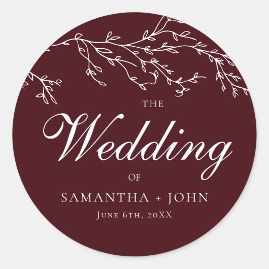Burgundy & Ivory Botanical Elegant Wedding Ronde Sticker (Voorkant)
