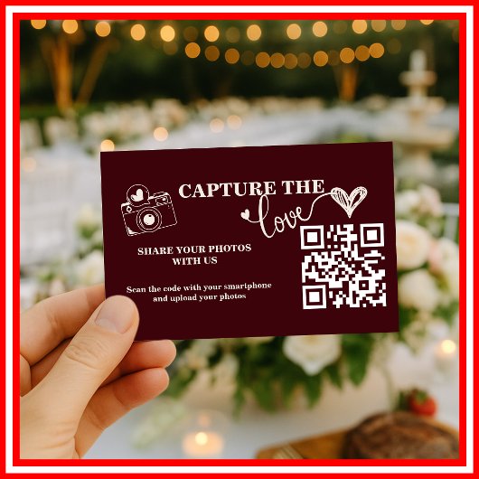 Burgundy & Ivory Capture The Love QR Code Wedding Informatiekaartje