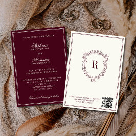 Burgundy & Ivory Crest Old Money QR Code Wedding Kaart