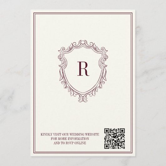 Burgundy & Ivory Crest Old Money QR Code Wedding Kaart (Achterkant)