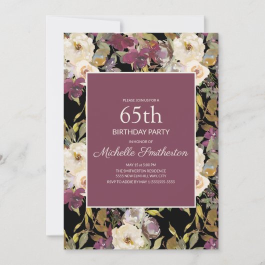 Burgundy Ivory Floral Foliage Black 65th Birthday Kaart (Voorkant)