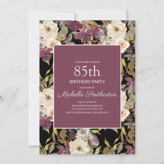 Burgundy Ivory Floral Foliage Black 85th Birthday Kaart (Voorkant)