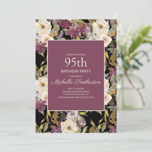 Burgundy Ivory Floral Foliage Black 95th Birthday Kaart (Staand voorkant)