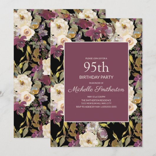 Burgundy Ivory Floral Foliage Black 95th Birthday Kaart (Voorkant / Achterkant)