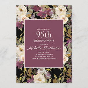 Burgundy Ivory Floral Foliage Black 95th Birthday Kaart