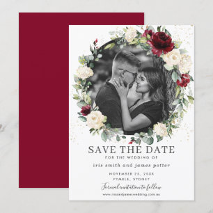 Burgundy Ivory Floral Foto Save the Date Kaart