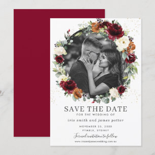 Burgundy Ivory Floral Foto Save the Date Kaart
