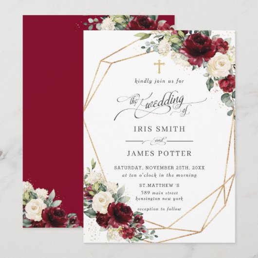 Burgundy Ivory Floral Greenery Church Wedding Kaart (Voorkant / Achterkant)
