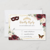Burgundy Ivory Floral Quinceañera Butterflies Mask RSVP Kaartje (Voorkant)