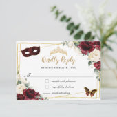 Burgundy Ivory Floral Quinceañera Butterflies Mask RSVP Kaartje (Staand voorkant)
