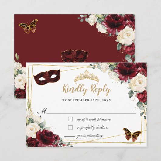 Burgundy Ivory Floral Quinceañera Butterflies Mask RSVP Kaartje (Voorkant / Achterkant)