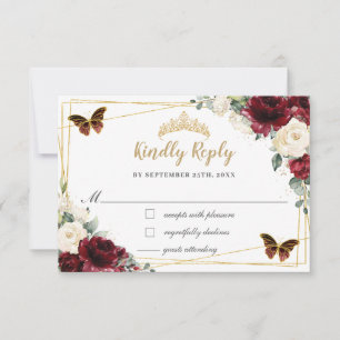 Burgundy Ivory Floral Quinceañera Butterfly Antwoo RSVP Kaartje
