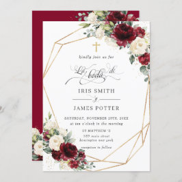 Burgundy Ivory Floral Rozen Boda Spain Wedding Kaart