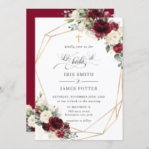 Burgundy Ivory Floral Rozen Boda Spain Wedding Kaart
