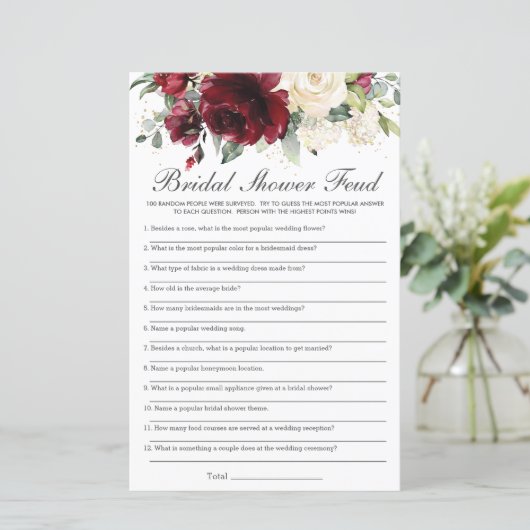Burgundy Ivory Floral Vrijgezellenfeest Feud Game (Staand voorkant)