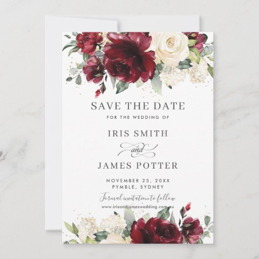 Burgundy Ivory Floral Wedding Save the Date Kaart (Voorkant)