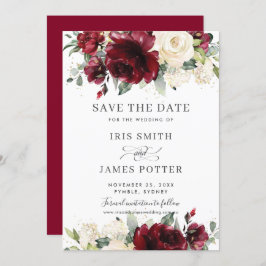 Burgundy Ivory Floral Wedding Save the Date Kaart