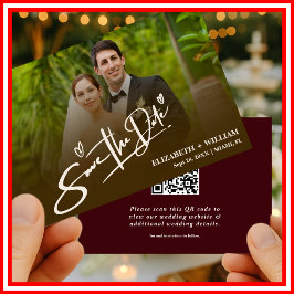 Burgundy & Ivory Foto QR Code Elegante Trouwkaart Save The Date